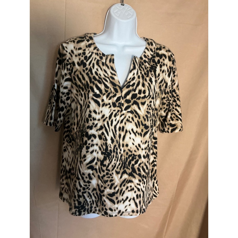 Jones New York Signature Leopard Print Top Women XL Tan Excellent Split Neck